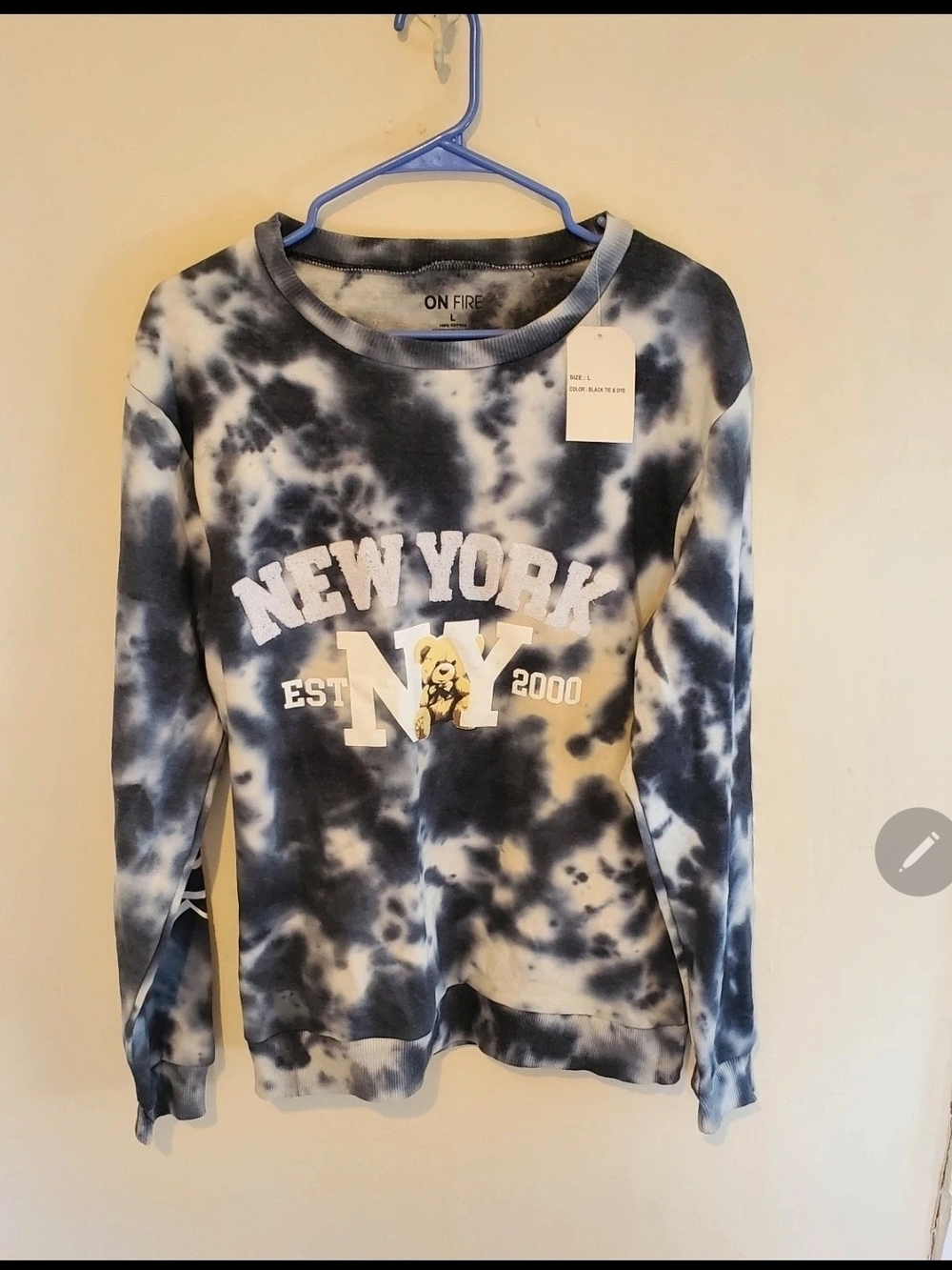 On Fire Black & White Tie-Dye "New York NY" Crewneck Sweater